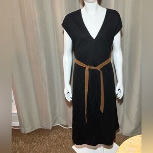 Zara Black Midi Linen Dress with V-Neck